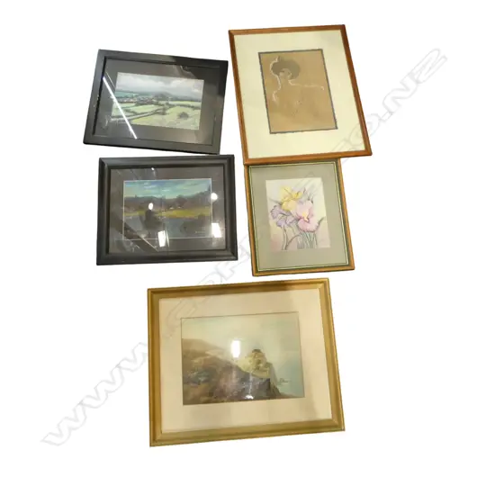 5 ARTWORKS; IRISES ON TILE, KLIMT PRINT, LANDSCAPE WC, 2 KEN PAGETT PASTEL LANDSCAPES