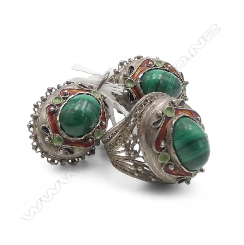 SILVER MALACHITE GLASS & ENAMEL RING & PR EARRINGS Image 1++