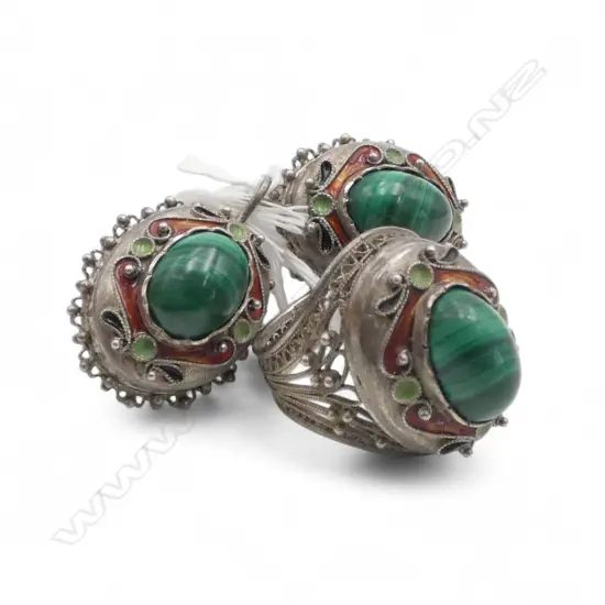 SILVER MALACHITE GLASS & ENAMEL RING SIZE Q & PR EARRINGS