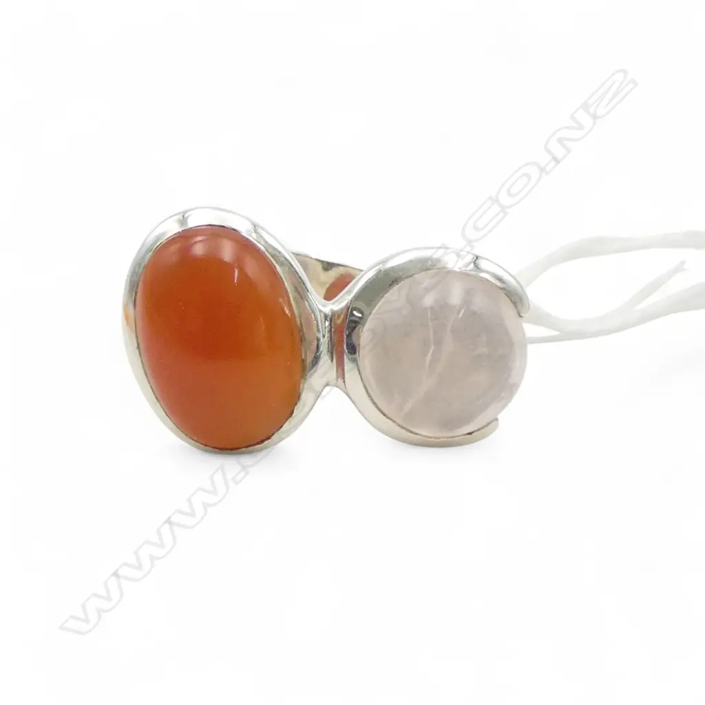 SILVER, ROSE QUARTZ & CARNELIAN? RING Image 1++