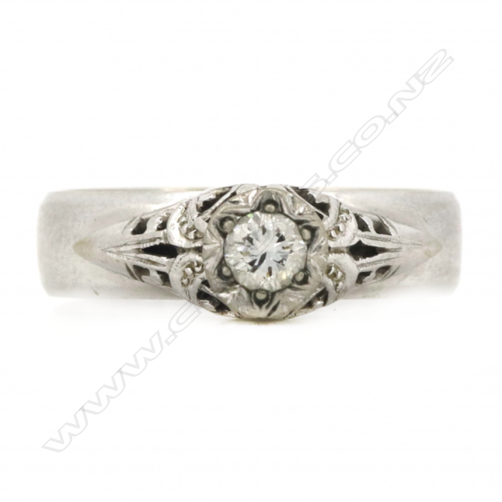 9CT WHITE GOLD OLD CUT DIAMOND SOLITAIRE RING # A 9ct gold and diamond solitaire ring,  a 0.20ct early brilliant cut dia Image 1++