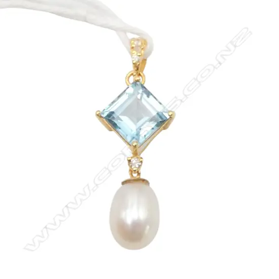 14ct DIAMOND, SWISS BLUE TOPAZ & PEARL PENDANT