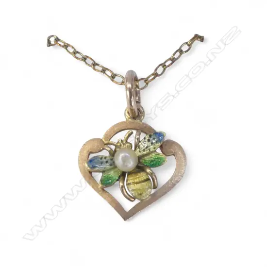 R/G GOLD chain w 9ct bolt ring & 9ct GOLD ENAMELLED BEE PENDANT seed pearl set 2.46gms