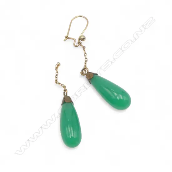 Pair 9ct and green glass earrings some faults