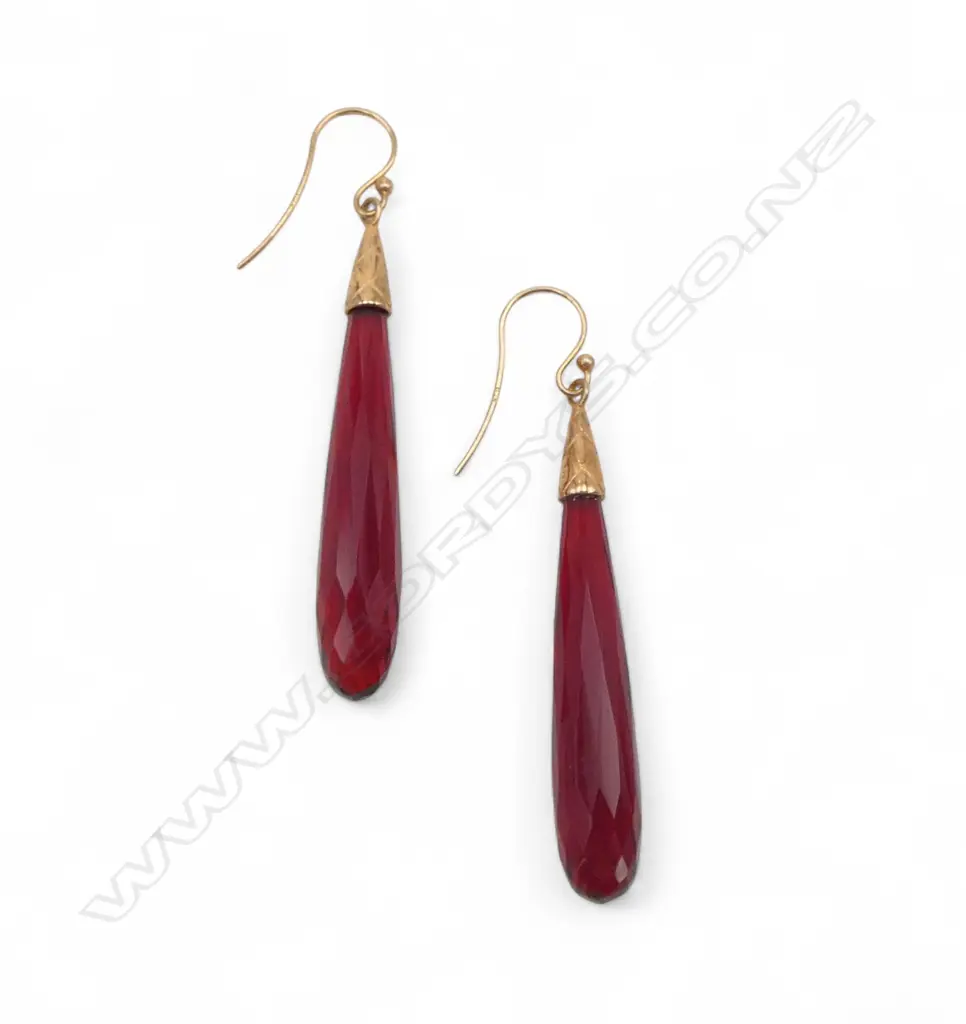 Pair silver gilded and red glass drop earrings Image 1++
