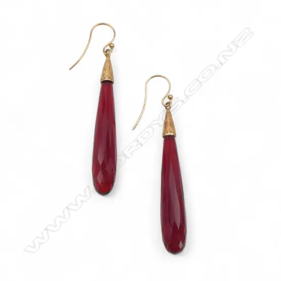 Pair silver gilded and red glass drop earrings