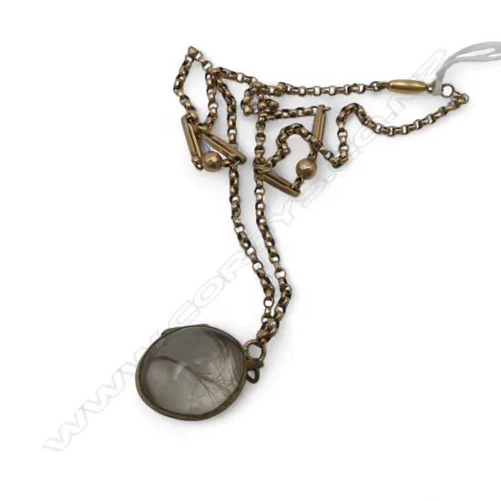 VICTORIAN ROLLED GOLD AND QUARTZ MOURNING LOCKET WITH 9CT ROSE GOLD BELCHER CHAIN 5.6gms 