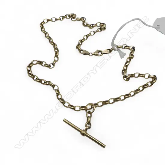 9ct GOLD belcher link FOB CHAIN w T-BAR, 20.10gm