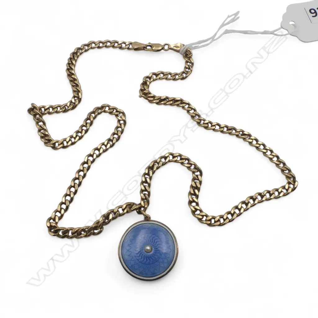 9ct CHAIN (9.25gm) w GUILLOCHE ENAMEL & PEARL DISC PENDANT Image 1++