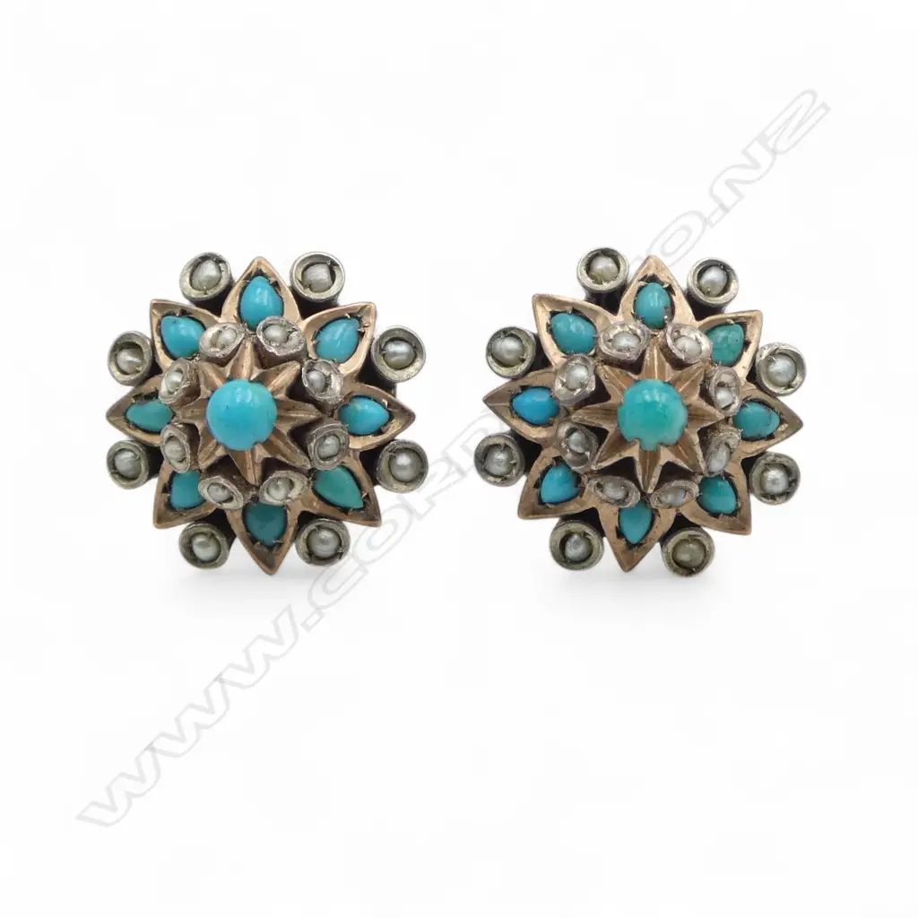 Pair silver turquoise and pearl large stud earrings Image 1++