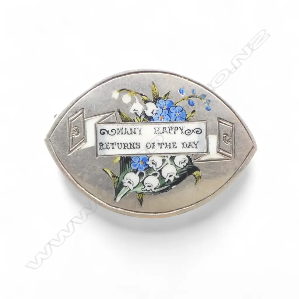 inlaid enamel Victorian brooch 'MANY HAPPY RETURNS OF THE DAY' Image 1++
