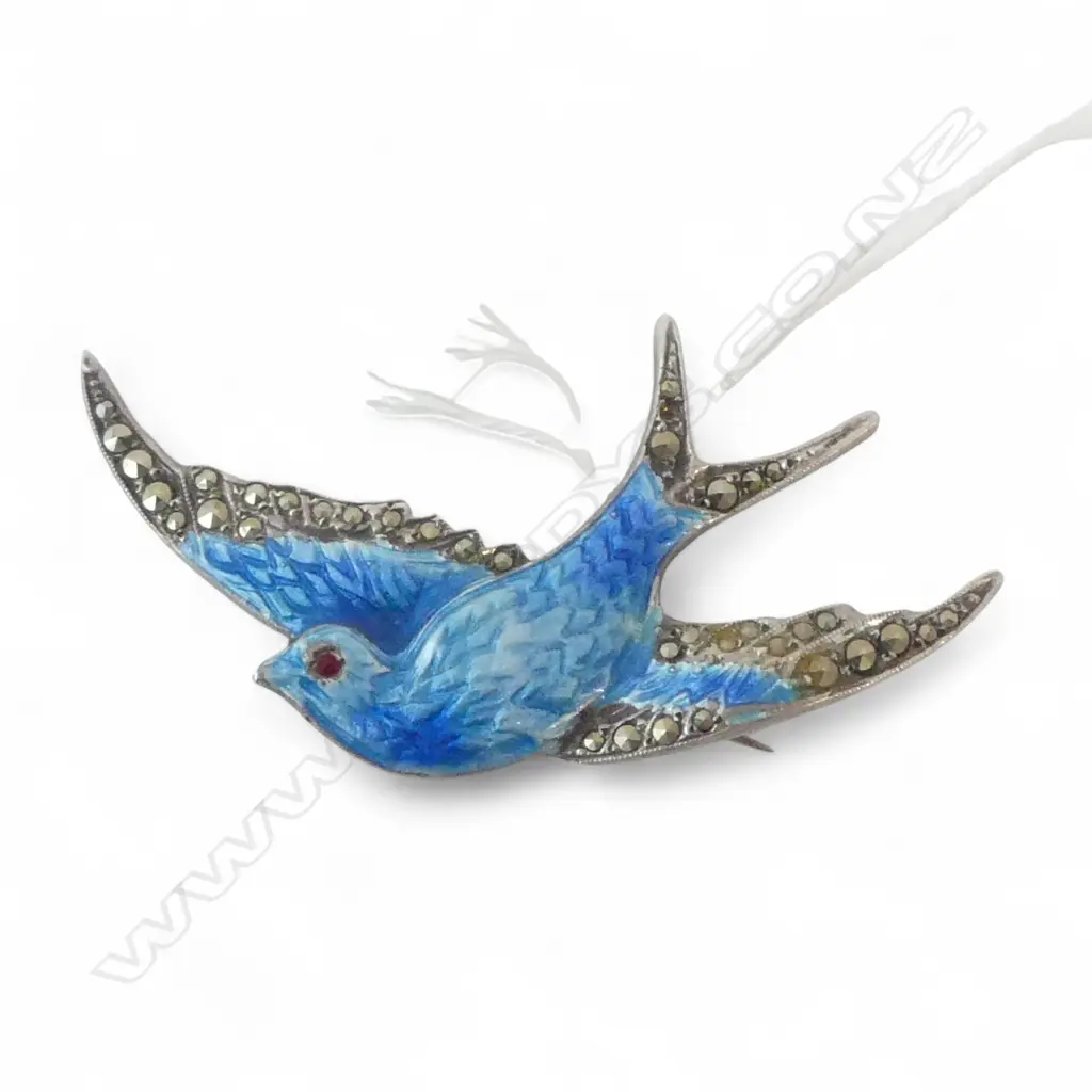 Early 20thC STG SILVER ENAMEL SWALLOW BIRD BROOCH enamelled & marcasite decoration Image 1++