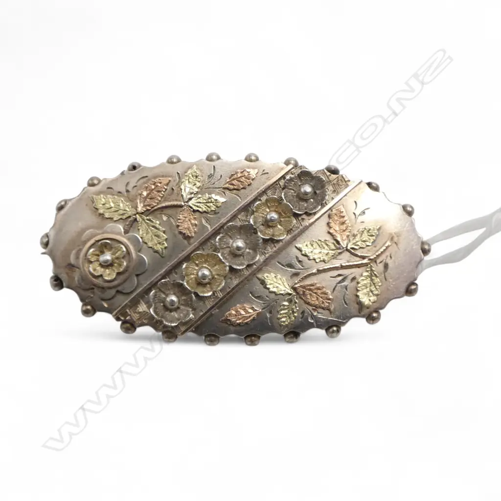 VICTORIAN SILVER & floral applied coloured GOLD OBLONG BROOCH Image 1++