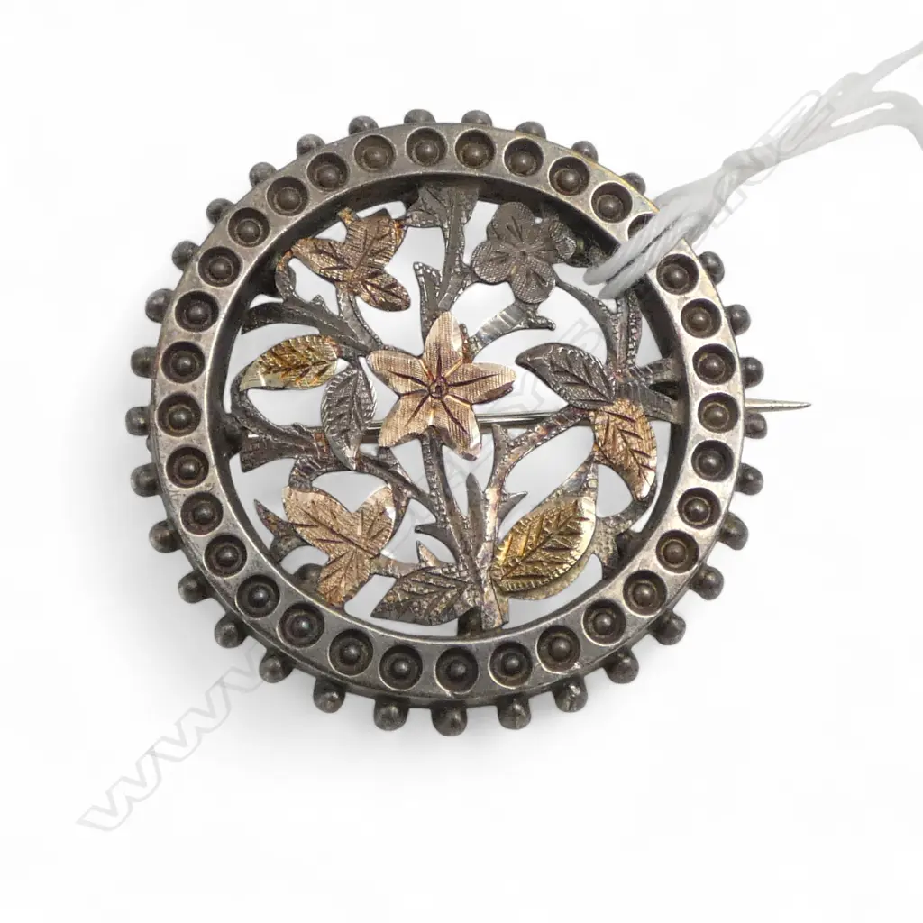 VICTORIAN ROUND SILVER & GOLD BROOCH floral pierced center bead edge Image 1++