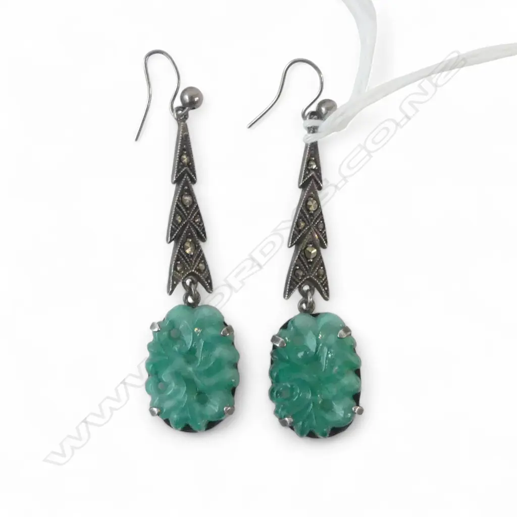 Vintage SILVER ART DECO JADE type GLASS & marcasite DROP EARRINGS Image 1++