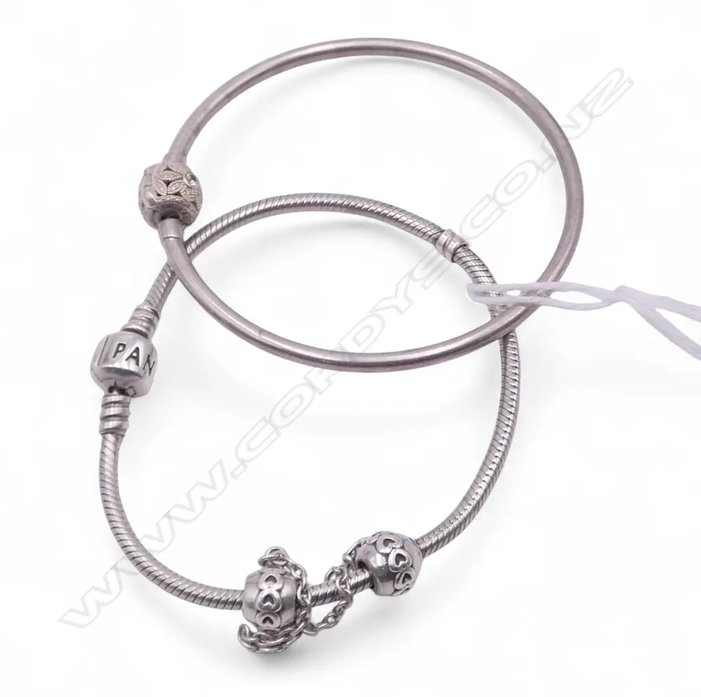 STG SILVER PANDORA BRACELET + ANOTHER SIMILAR STG SILVER BANGLE. 28gms Image 1++