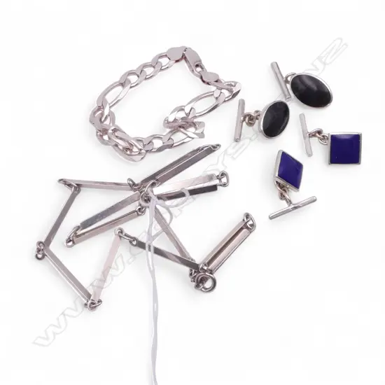 2 PRS STG SILVER CUFF LINKS, NECKLACE & BRACELET 58.94gms total
