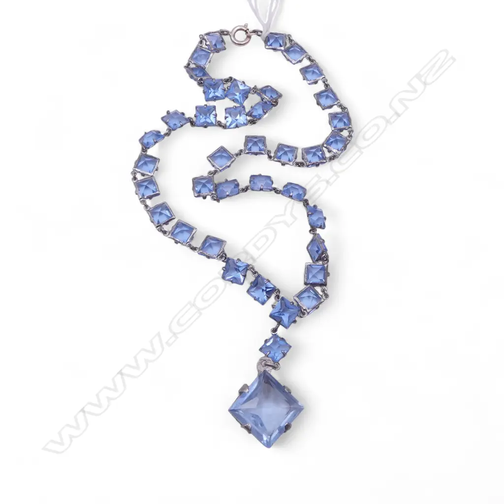 VINTAGE SILVER & square facet cut BLUE GLASS NECKLACE Image 1++