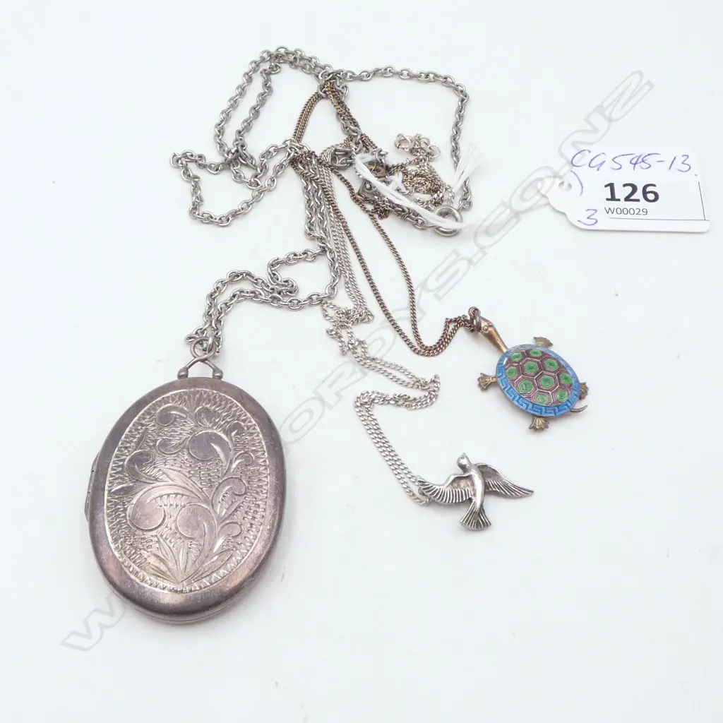 SILVER engraved LOCKET ON PLATED CHAIN + 2 OTHER SILVER PENDANTS (turtle + bird) on SILVER CHAINS Image 1++