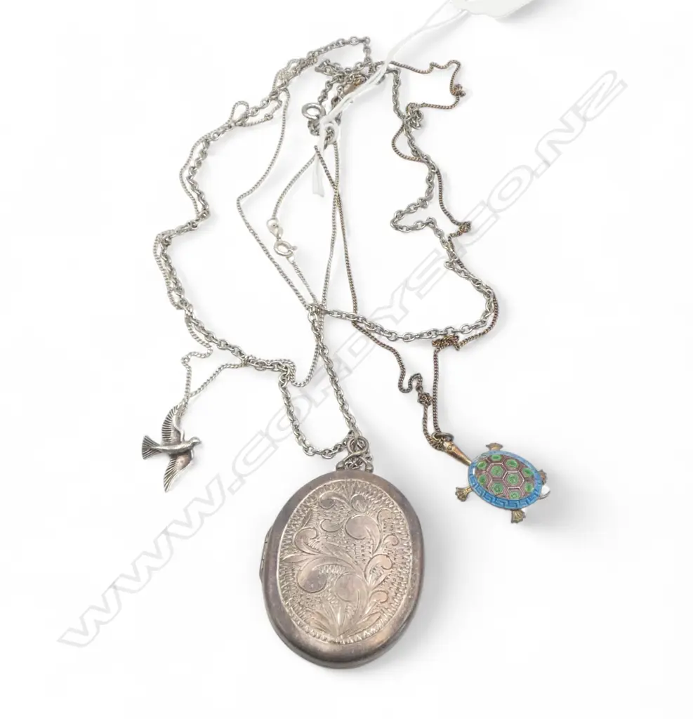 SILVER engraved LOCKET ON PLATED CHAIN + 2 OTHER SILVER PENDANTS (turtle + bird) on SILVER CHAINS Image 1++