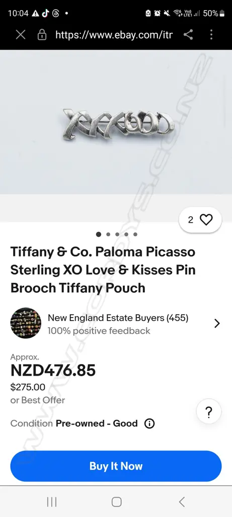 TIFFANY & CO STG SILVER BROOCH 3.78gms Paloma Picasso design Image 1++
