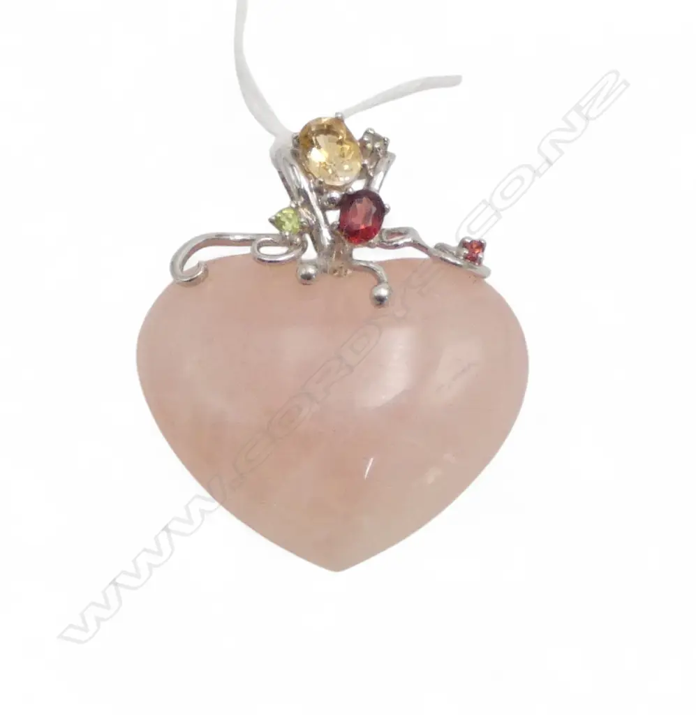 ROSE QUARTZ HEART PENDANT WITH SILVER AND GEMSTONES Image 1++