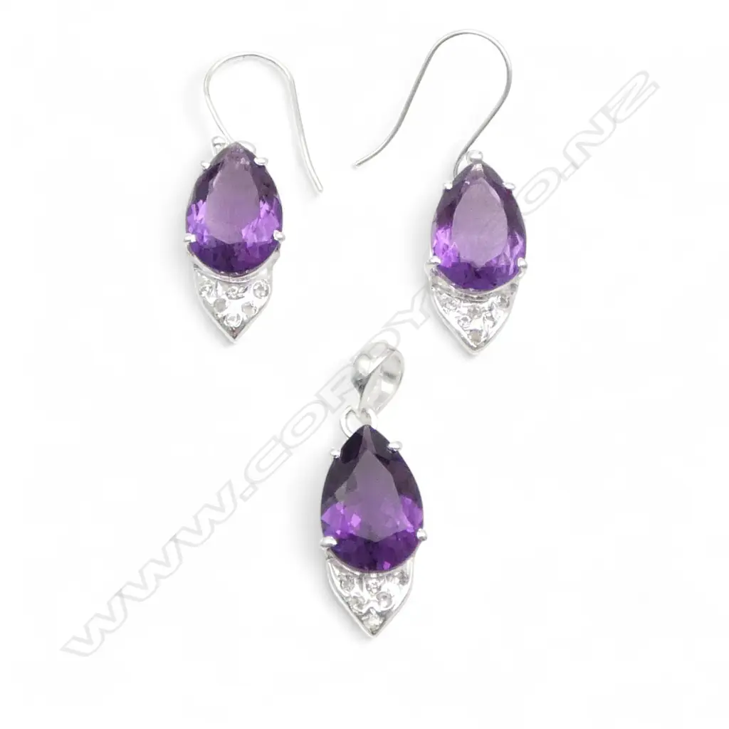 3 PC SET SILVER AMETHYST & WHITE SAPPHIRE EARRINGS & PENDANT Image 1++
