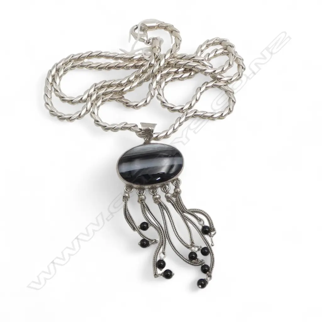 BANDED AGATE TASSEL fringe SILVER NECKLACE ON LONG HEAVY CHAIN L.730mm. 80+ gms Image 1++
