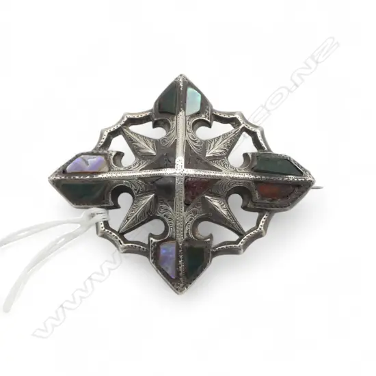 Late Victorian silver pierced & Inlaid abalone brooch