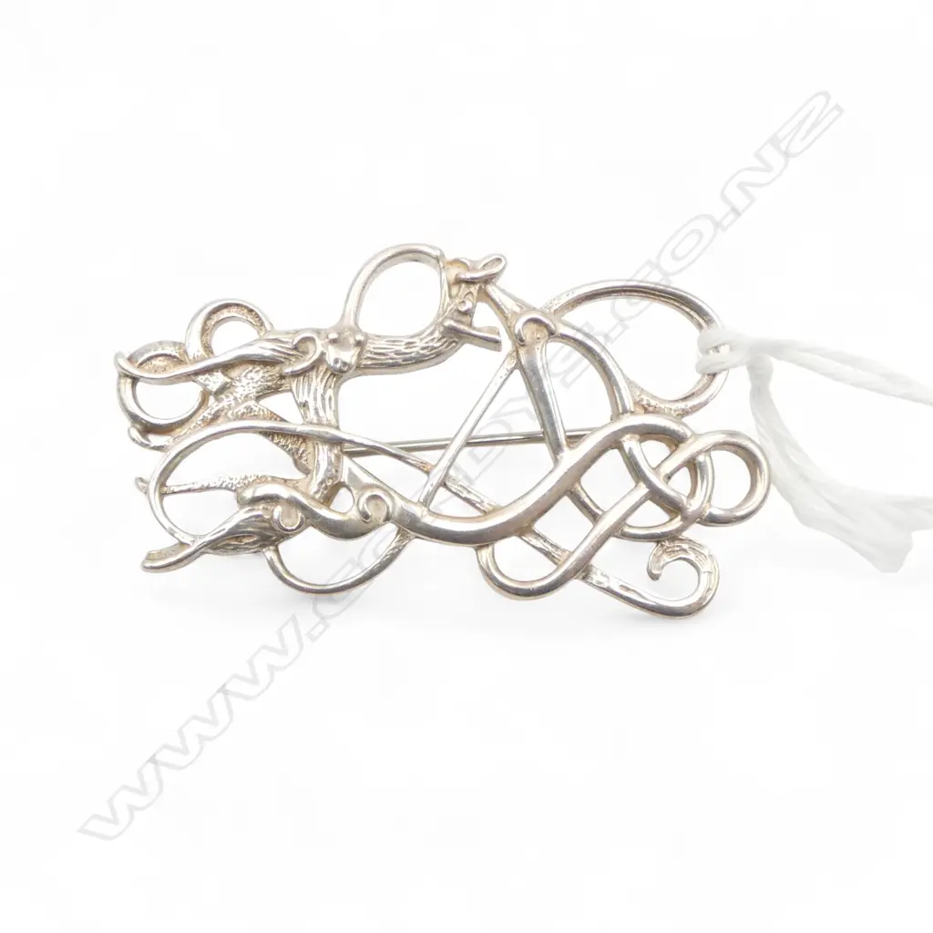 Boxed silver 1987 Edinburgh brooch of dog dragon & serpent entwined Scottish form Image 1++