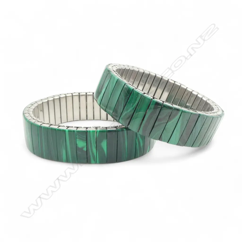 Pair of malachite glass clad on stainless steel stretch bracelets Image 1++