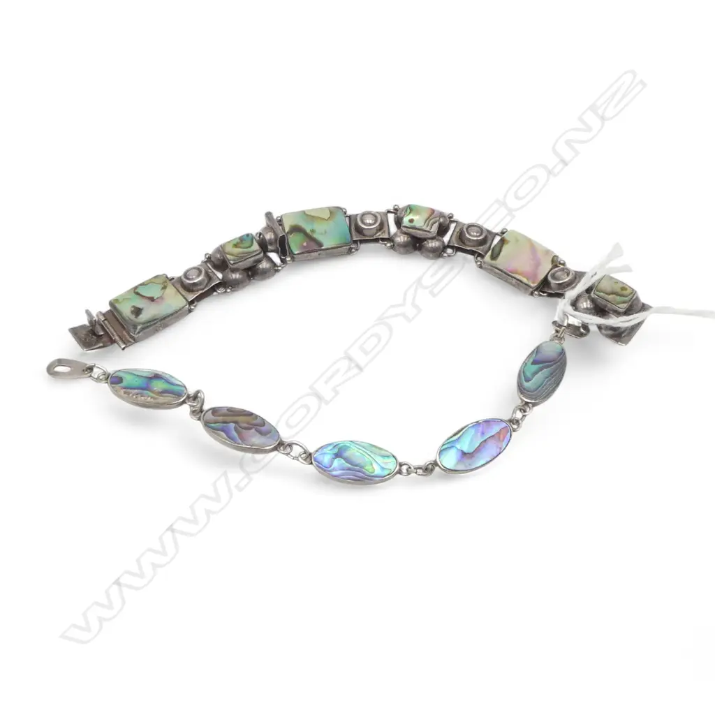 TWO SILVER AND PAUA BRACELETS Image 1++