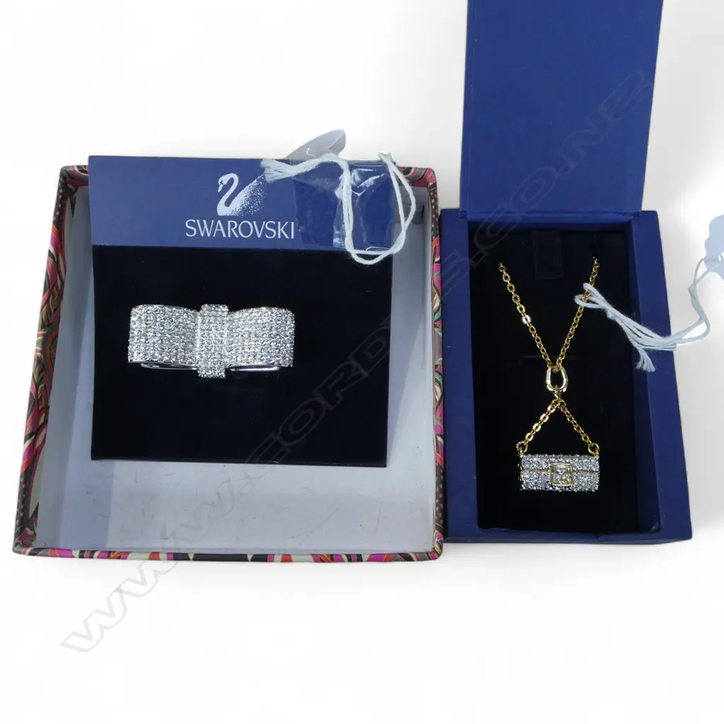 SWAROVSKI CRYSTAL BOW BROOCH & PURSE PENDANT on CHAIN Image 1++