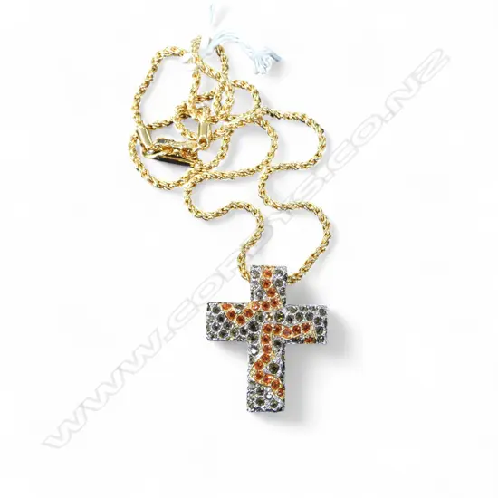 SWAROVSKI CRYSTAL CROSS on CHAIN, GREY & ORANGE CRYSTALS, 25 x 30mm