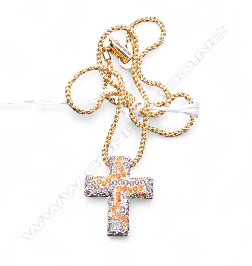 SWAROVSKI CRYSTAL CROSS on CHAIN, GREY & ORANGE CRYSTALS, 25 x 30mm Image 1++