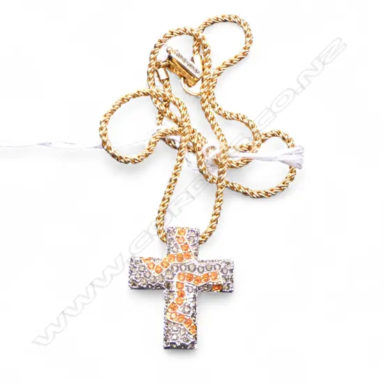 SWAROVSKI CRYSTAL CROSS on CHAIN, GREY & ORANGE CRYSTALS, 25 x 30mm