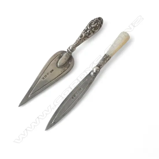 2 SILVER PAGE MARKERS: 1 W mother of pearl HANDLE + 1 embossed SILVER