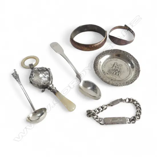 BAG OF SILVER PCES: dish + bangle (dented) + identity bracelet + babies rattle + spoons...120+gms