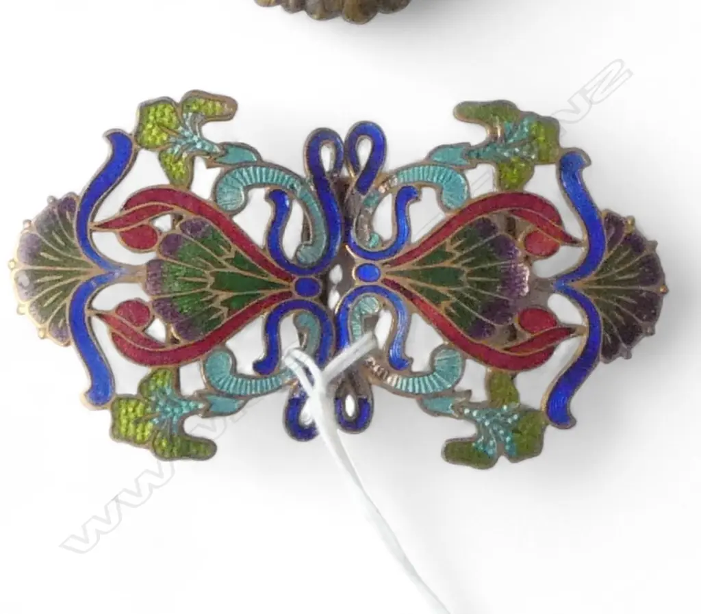 Art Nouveau floral enamelled in colour on gilt belt buckle 2 pce. Note only 1 buckle Image 1++