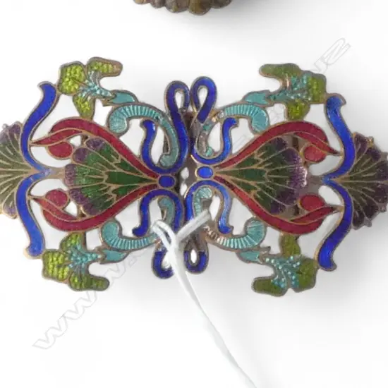 Art Nouveau floral enamelled in colour on gilt belt buckle 2 pce. Note only 1 buckle