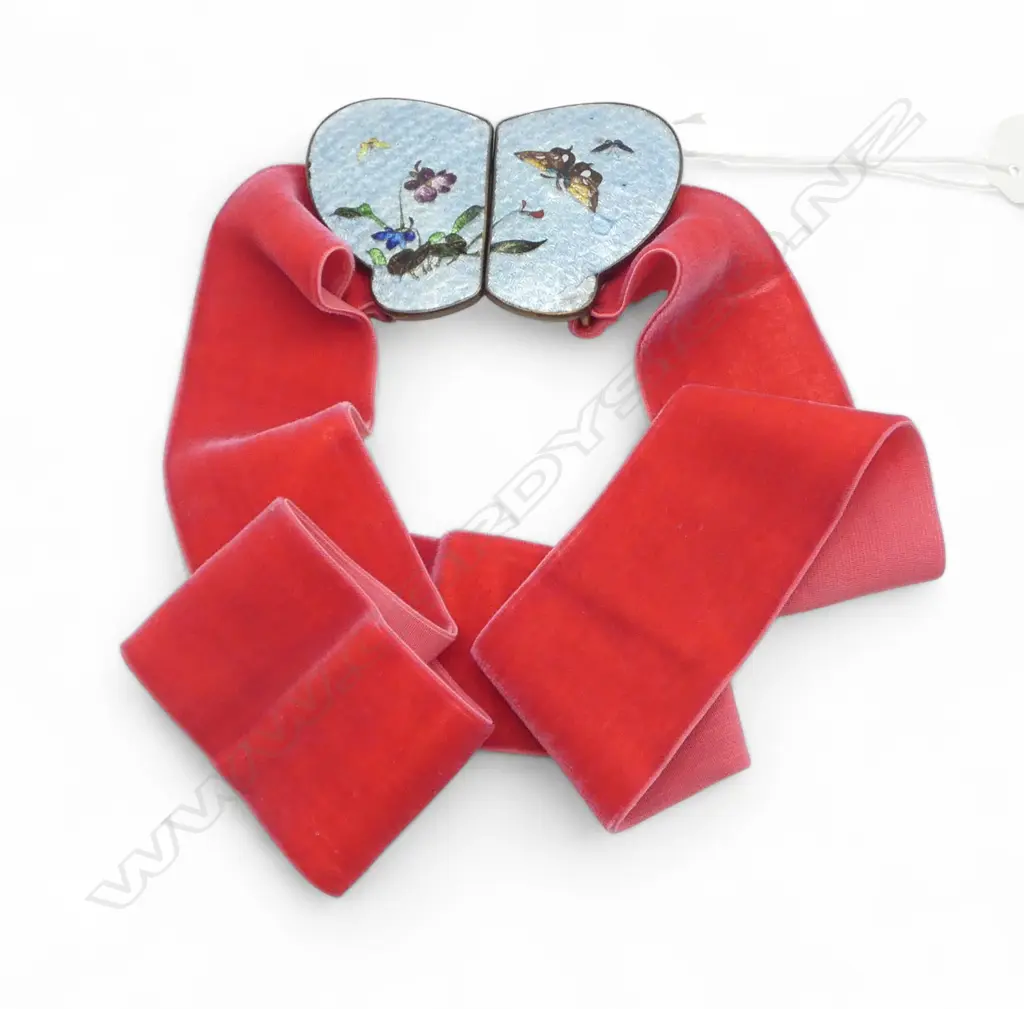 Vintage enamelled butterfly buckle blue on pink velvet belt Image 1++