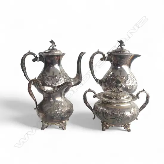 VICTORIAN SILVER PLATE 4 PCE TEA & COFFEE SERVICE bird finials