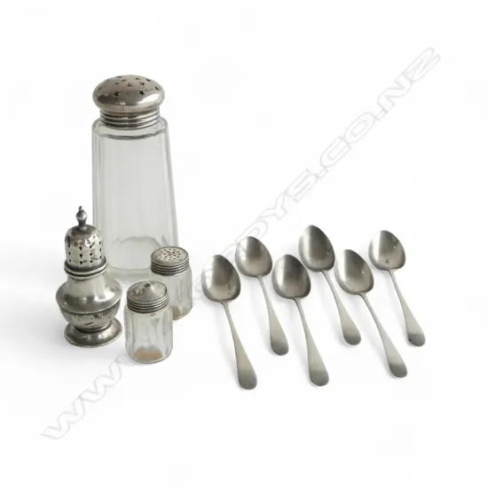 10 PCES STG SILVER; 6 TEASPOONS, SHEFFIELD 1916, + CONDIMENT 70gms + 3 CONTAINERS H.115mm