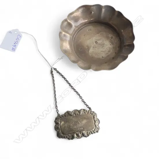 STG SILVER DISH, SHEFFIELD 1977 110mm dia + GIN DECANTER LABEL 99gms