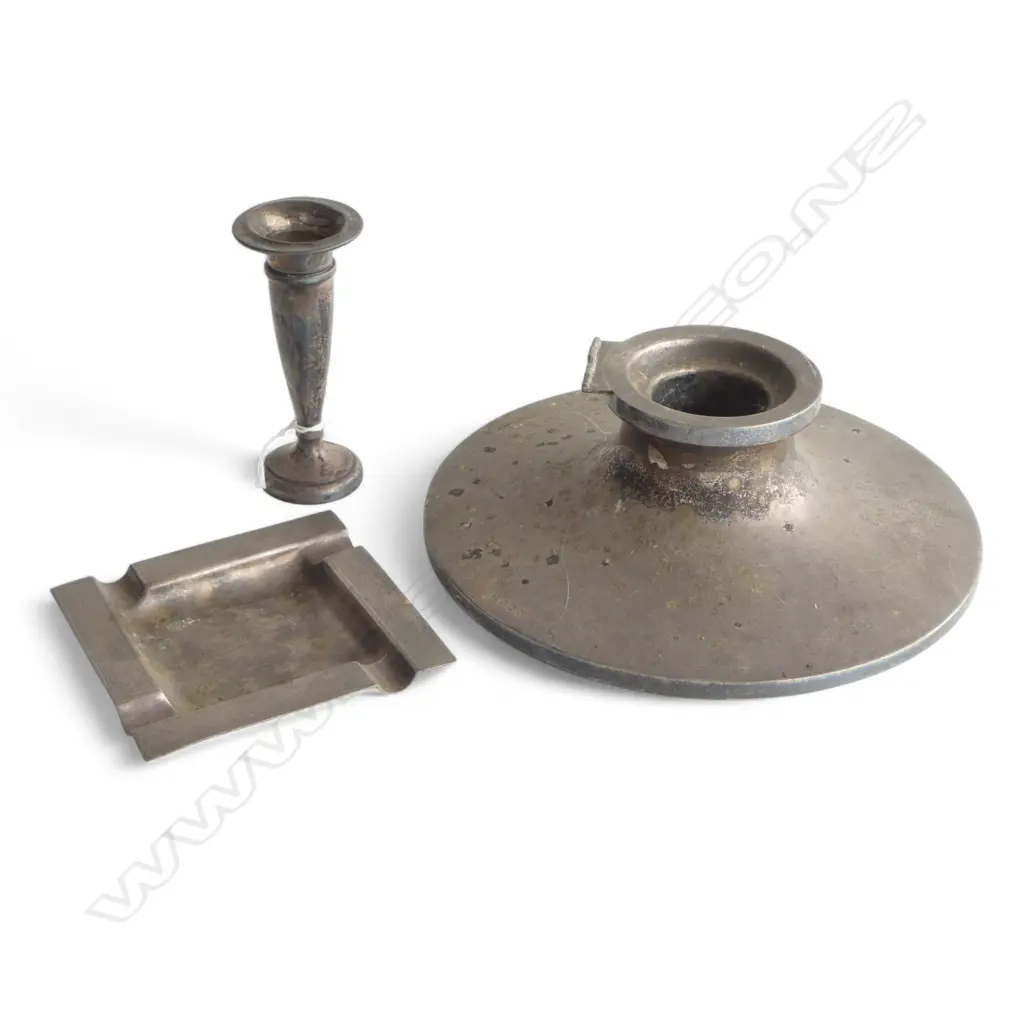 LGE SILVER INK WELL lid missing +SILVER ASHTRAY 87gms + SMALL SILVER VASE Image 1++