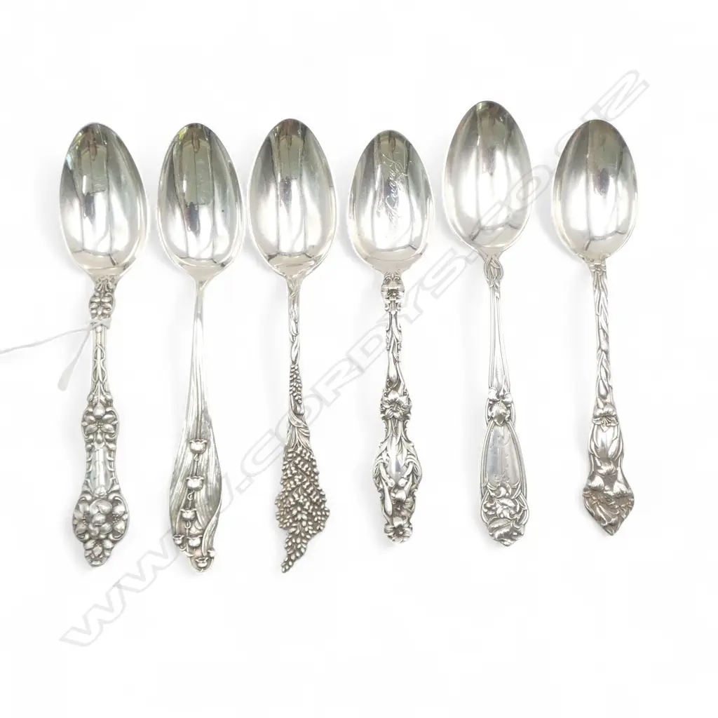 SET 6 AMERICAN STERLING FANCY TEA SPOONS Art Nouveau style etc 143gms Image 1++