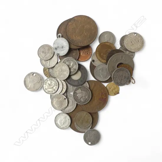 BAG OF OLD WORLD COINAGE: NZ + UK ETC some drilled