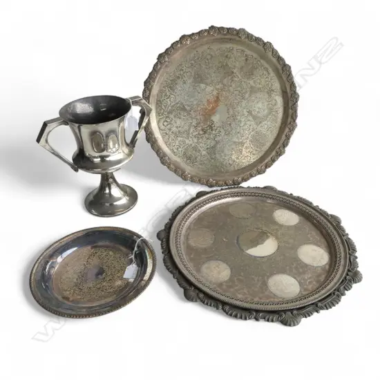 3 OLD SILVER PLATE LGE TRAYS + 1 SMALLER