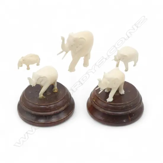 5 SMALL CARVED IVORY ELEPHANTS