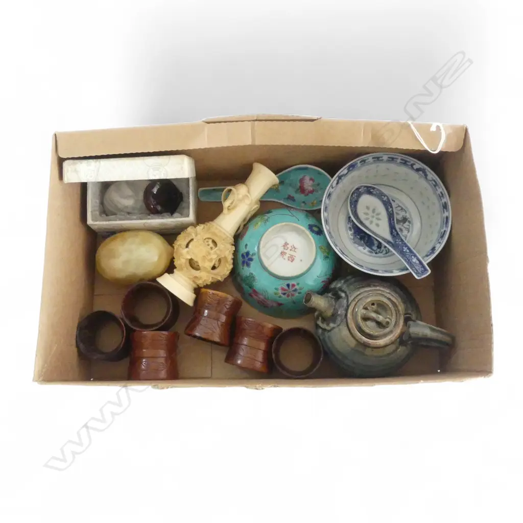 SMALL BOX CHINESE COLLECTABLES BOWLS STONE EGGS ETC Image 1++